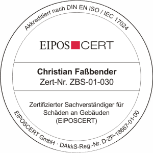Zertifizierter Sachverständiger für Bauschäden an Flachdach und Steildach Offizielle Zertifizierung von Christian Faßbender als EIPOSCERT-geprüfter Sachverständiger für Schäden an Gebäuden, spezialisiert auf die Bewertung von Steildach- und Flachdachkonstruktionen.